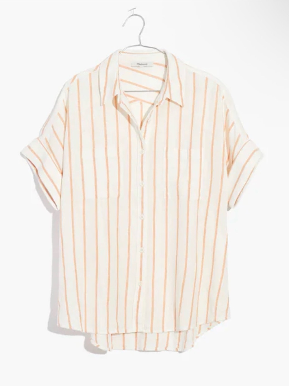 Madewell Short-Sleeve Linen Blend Courier Button Up Shirt in Orange Stripe